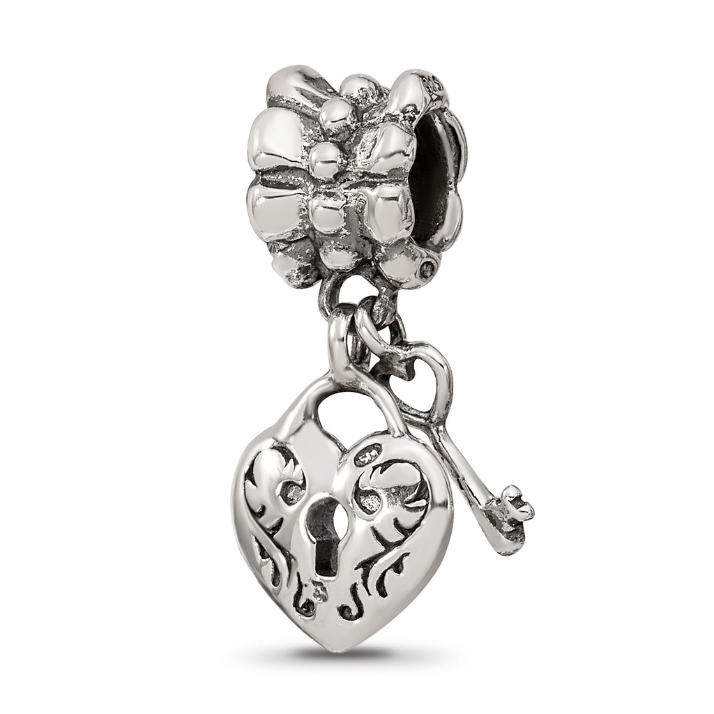 Sterling Silver 925 Heart & Key Dangle Bead with Antiqued Finish
