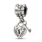Sterling Silver 925 Heart & Key Dangle Bead with Antiqued Finish