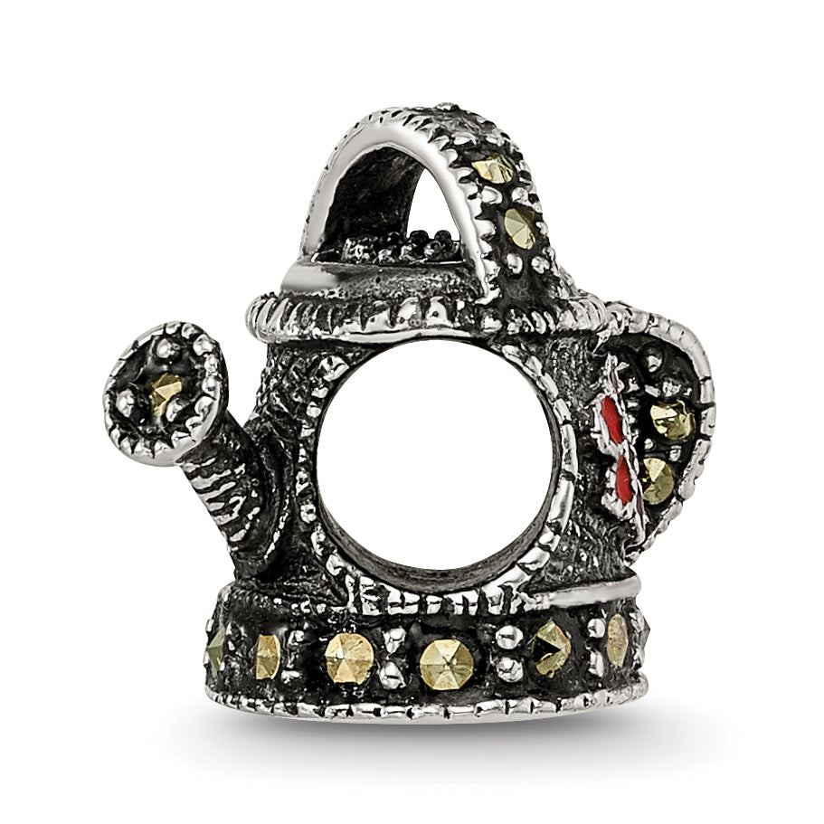 Sterling Silver Enameled Marcasite Watering Can Bead with Polished Finish