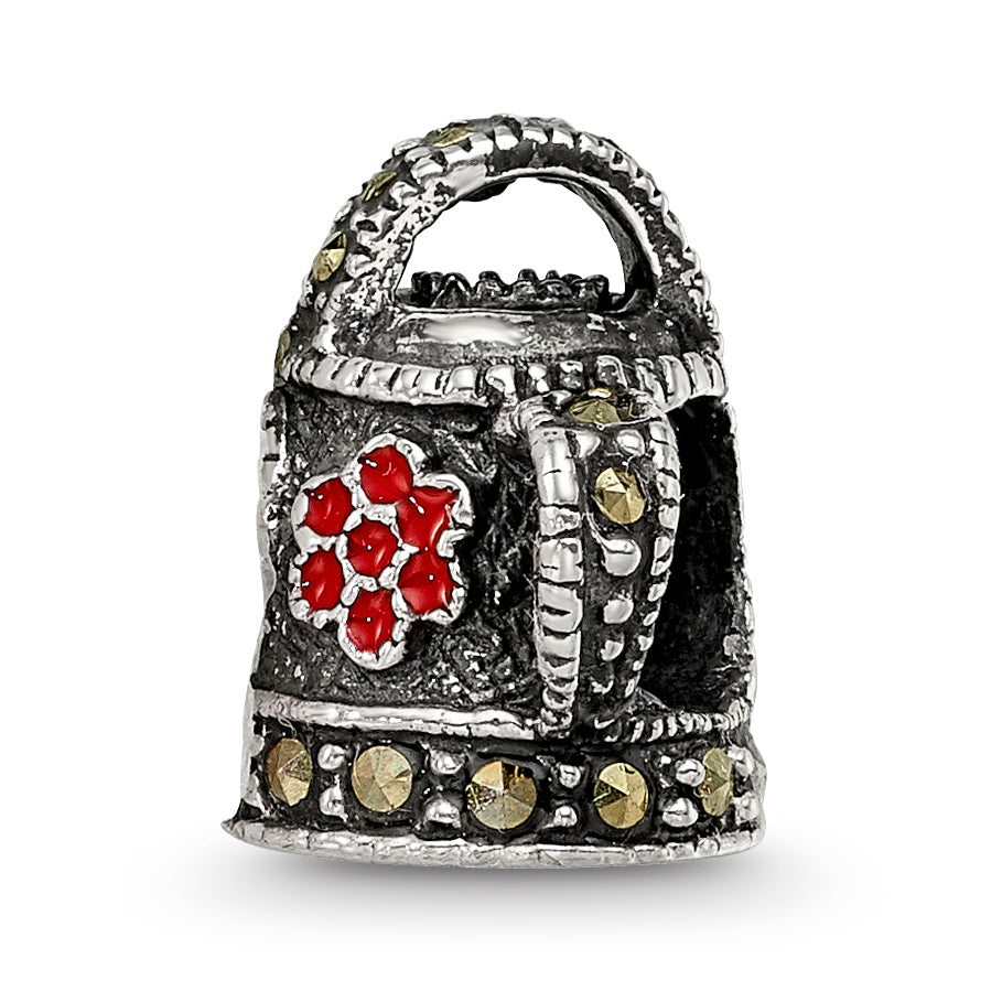 Sterling Silver Enameled Marcasite Watering Can Bead with Polished Finish