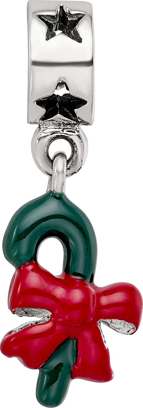 Sterling Silver 925 Green Enameled Candycane Dangle Bead Polished Finish