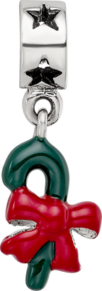 Sterling Silver 925 Green Enameled Candycane Dangle Bead Polished Finish