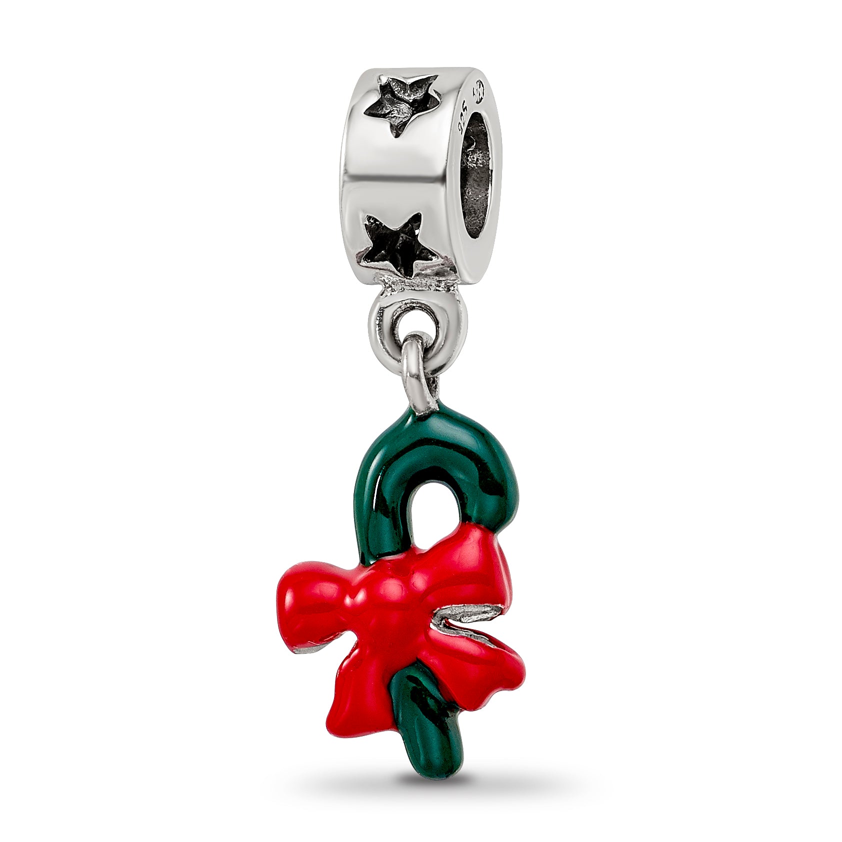 Sterling Silver 925 Green Enameled Candycane Dangle Bead Polished Finish