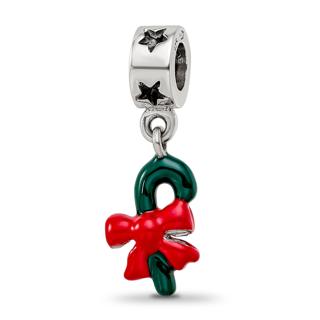 Sterling Silver 925 Green Enameled Candycane Dangle Bead Polished Finish