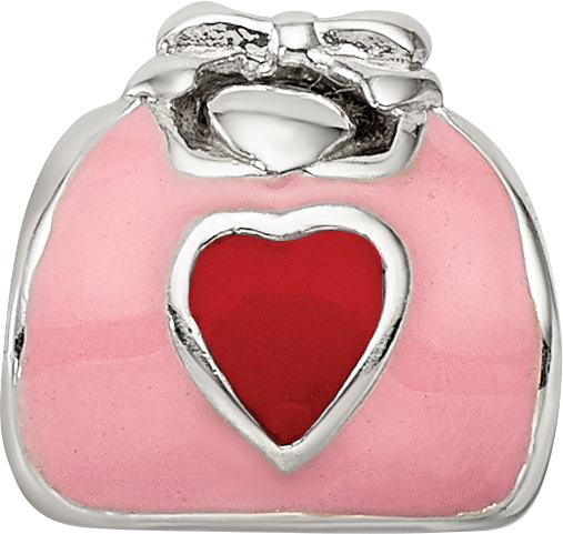 Sterling Silver 925 Pink and Red Enameled Purse Bead with Polished Finish