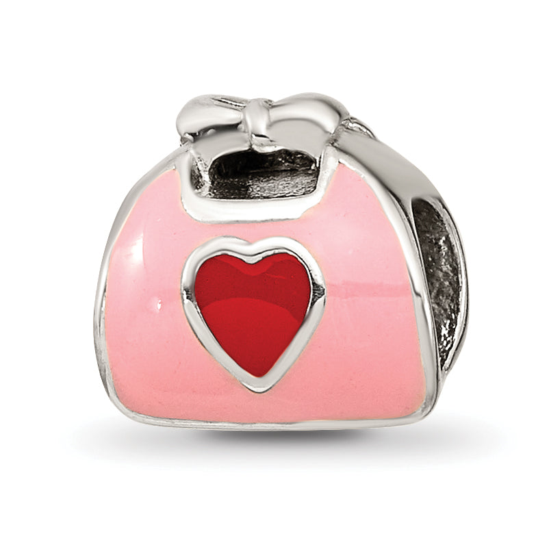 Sterling Silver 925 Pink and Red Enameled Purse Bead with Polished Finish