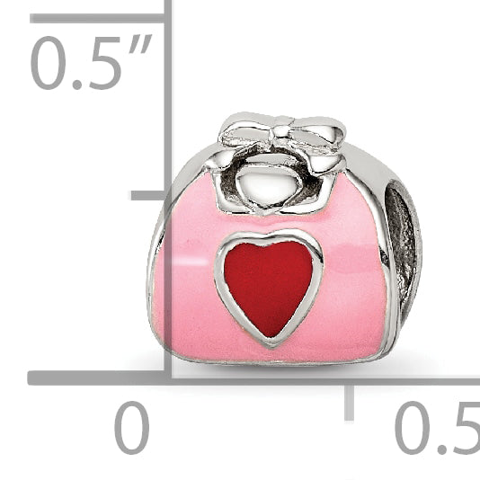 Sterling Silver 925 Pink and Red Enameled Purse Bead with Polished Finish
