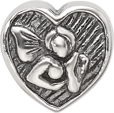 Sterling Silver 925 Angel Heart Bead with Antiqued Finish Solid Cast Design