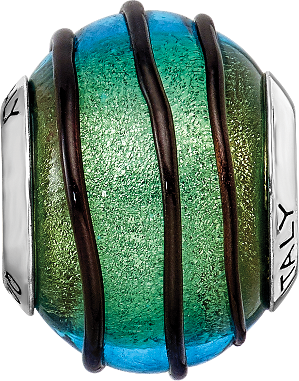 Sterling Silver 925 Murano Glass Bead with Teal Black Stripes