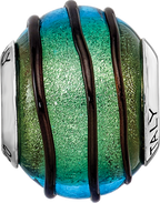 Sterling Silver 925 Murano Glass Bead with Teal Black Stripes