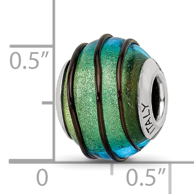 Sterling Silver 925 Murano Glass Bead with Teal Black Stripes