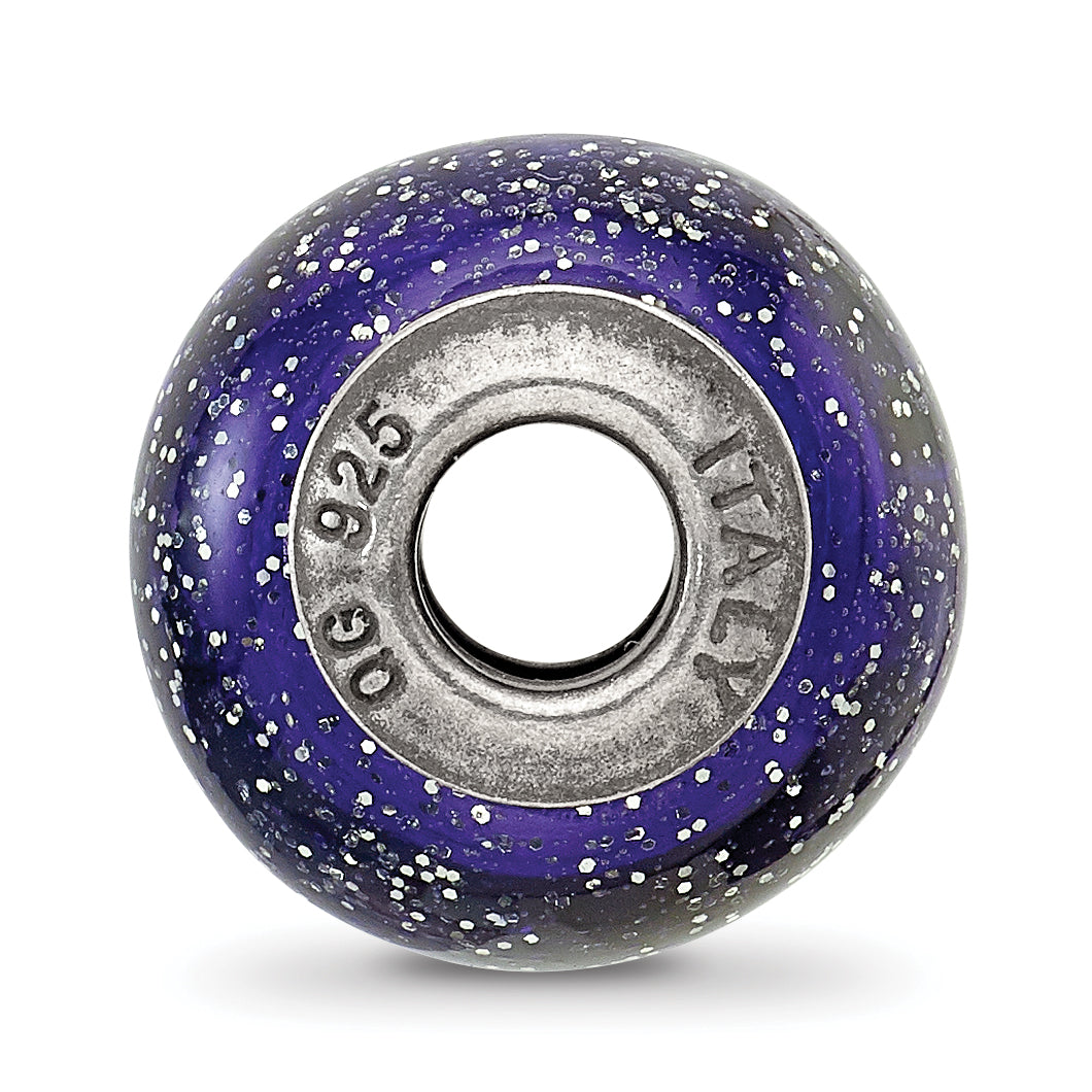 Italian Murano Bead in Sterling Silver, Dark Blue & Silver Glitter Secondary image