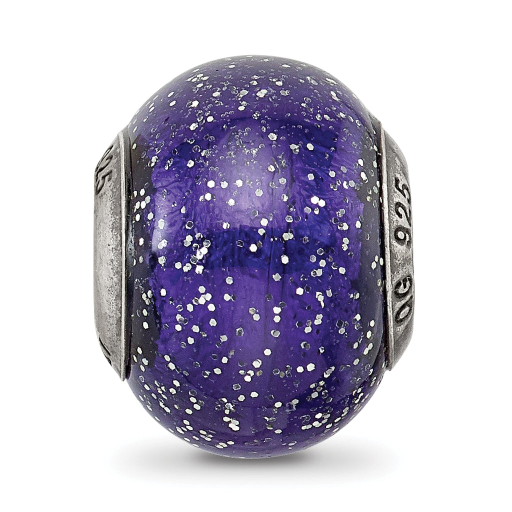 Italian Murano Bead in Sterling Silver, Dark Blue & Silver Glitter