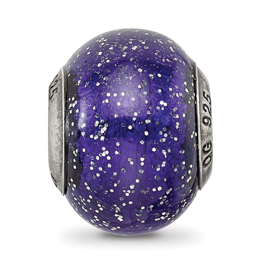 Italian Murano Bead in Sterling Silver, Dark Blue & Silver Glitter
