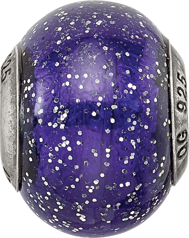 Italian Murano Bead in Sterling Silver, Dark Blue & Silver Glitter