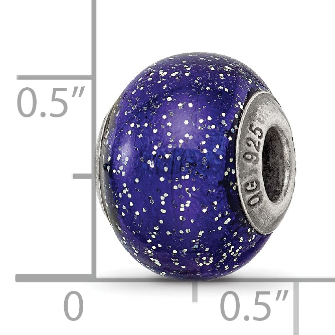 Italian Murano Bead in Sterling Silver, Dark Blue & Silver Glitter