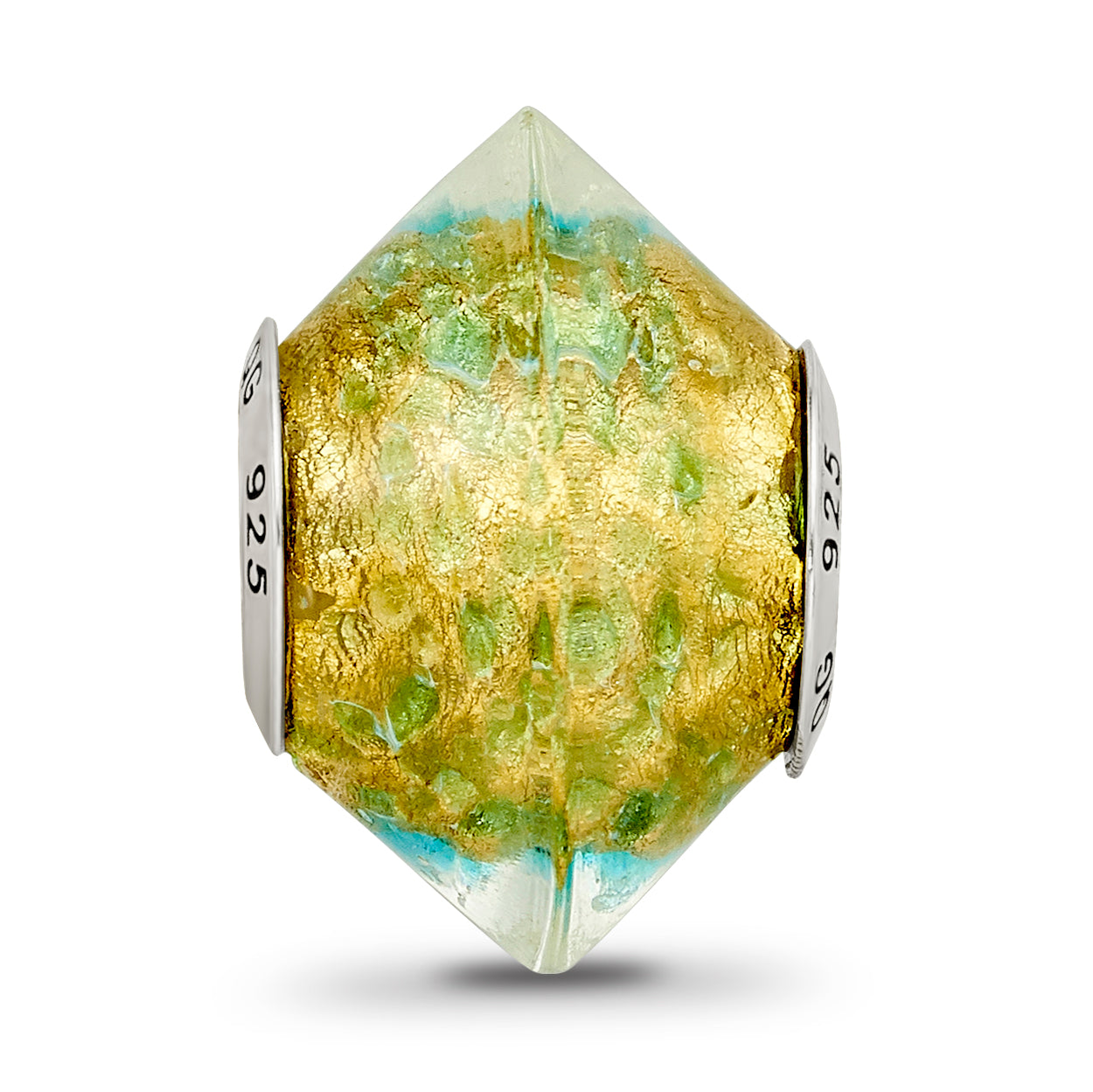 Sterling Silver 925 Murano Glass Bead in Yellow/Teal Antiqued Finish Elegant Design