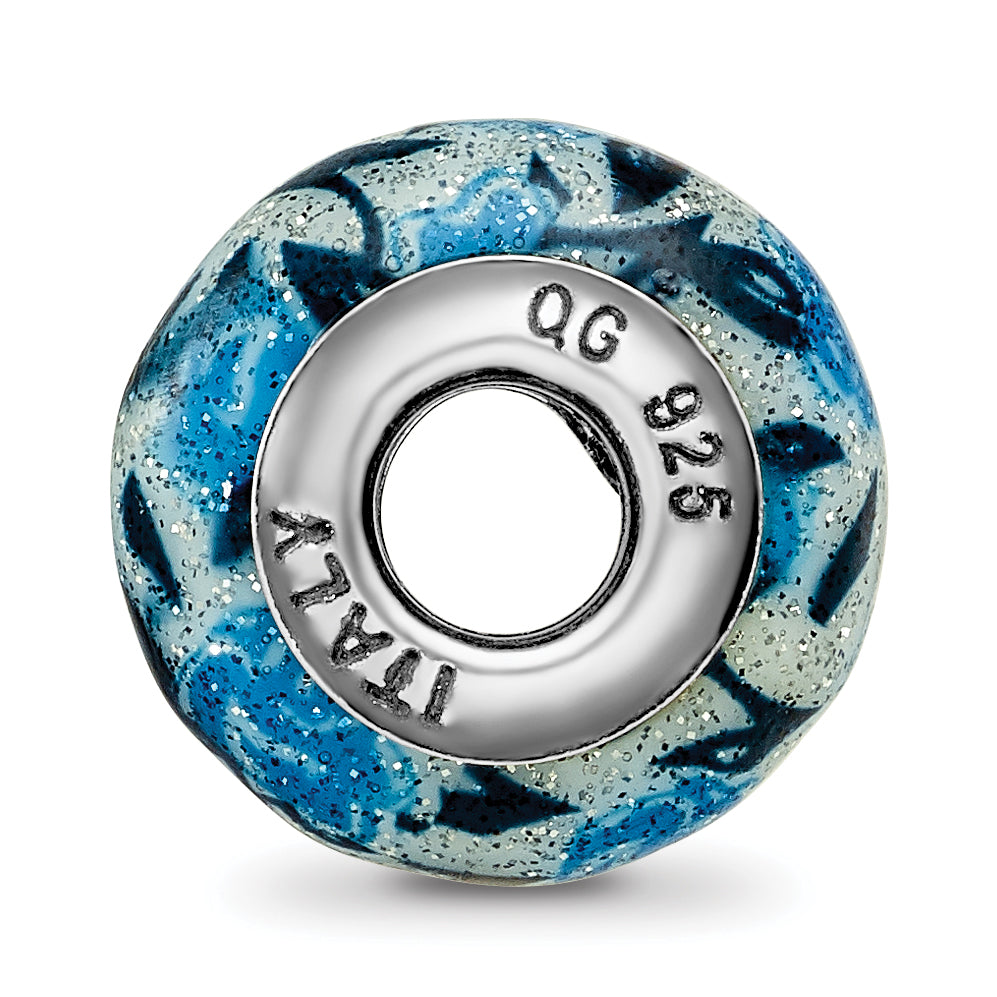 Sterling Silver Reflections Blue Rose Glitter Overlay Glass Bead