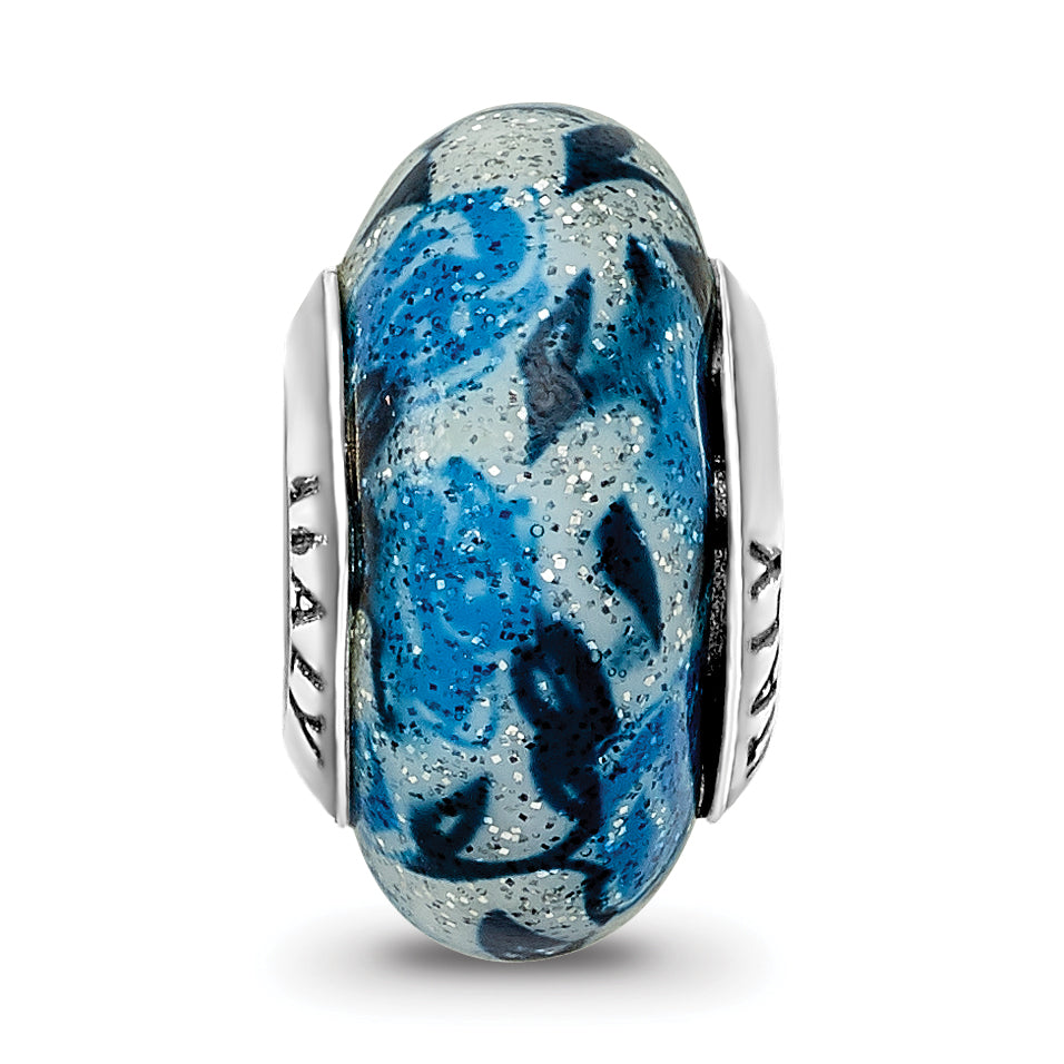 Sterling Silver 925 Blue Rose Glitter Glass Bead with Antiqued Finish Elegant Charm