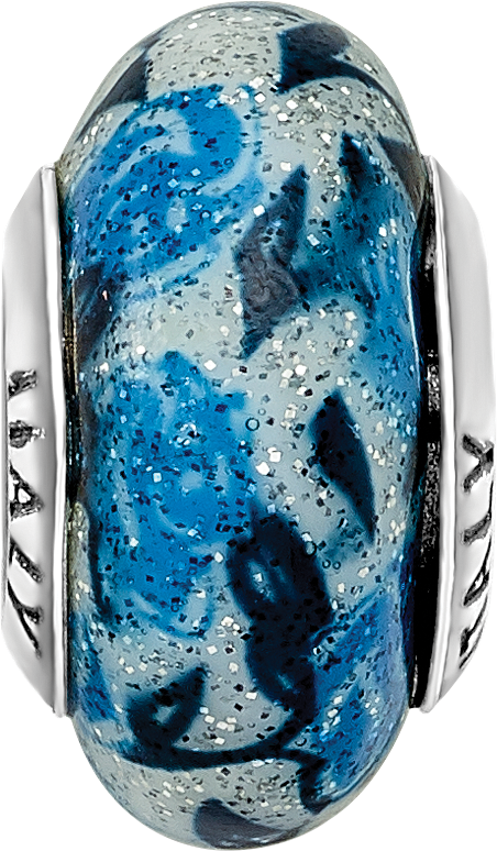Sterling Silver 925 Blue Rose Glitter Glass Bead with Antiqued Finish Elegant Charm