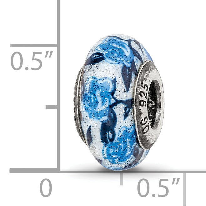 Sterling Silver 925 Blue Rose Glitter Glass Bead with Antiqued Finish Elegant Charm