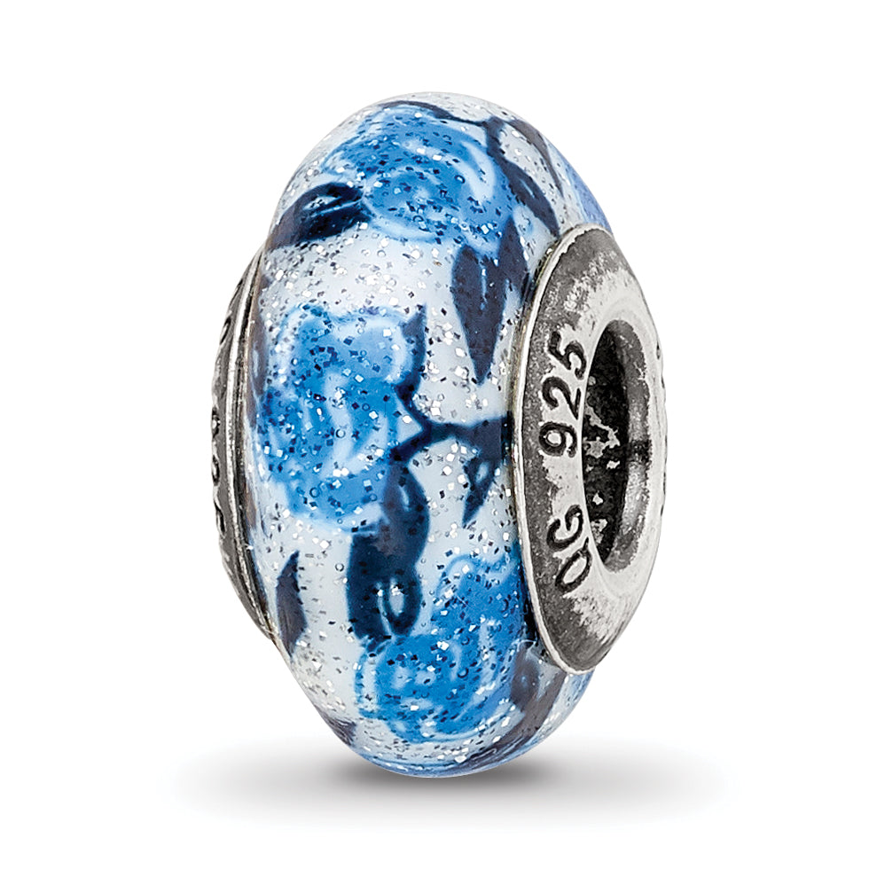 Sterling Silver Reflections Blue Rose Glitter Overlay Glass Bead Main image