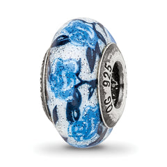 Sterling Silver Reflections Blue Rose Glitter Overlay Glass Bead