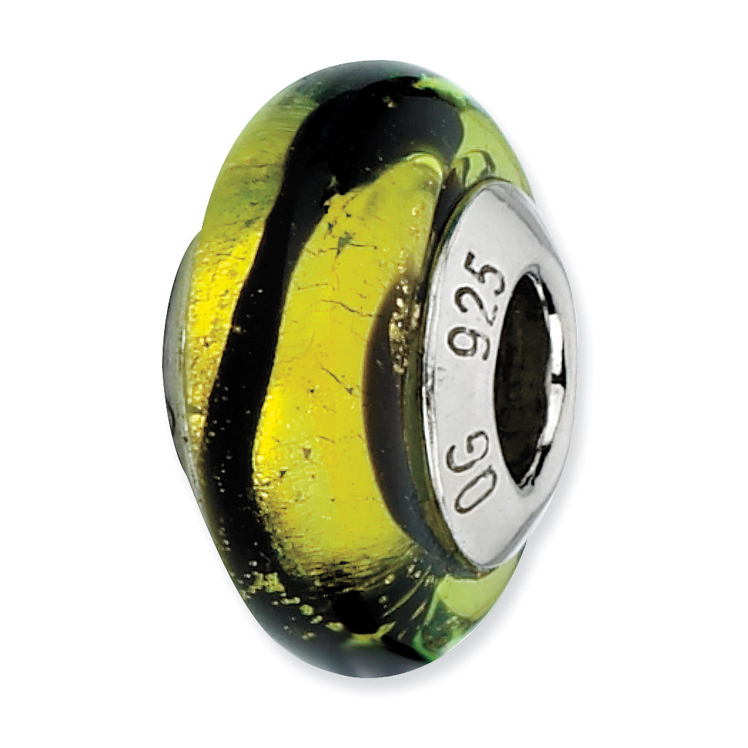Sterling Silver Reflections Lime/Black Stripes Italian Murano Bead