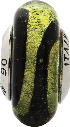 Sterling Silver 925 Murano Glass Bead with Lime/Black Stripes, Antiqued Finish