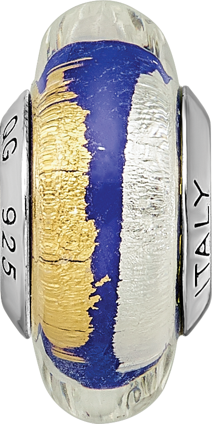 Sterling Silver 925 Murano Glass Bead with Blue Gold Accents Antiqued Finish