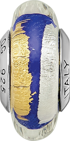 Sterling Silver 925 Murano Glass Bead with Blue Gold Accents Antiqued Finish