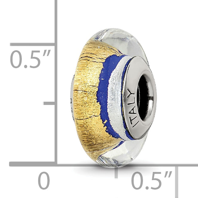Sterling Silver 925 Murano Glass Bead with Blue Gold Accents Antiqued Finish