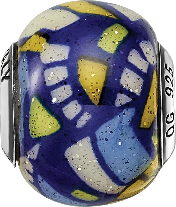 Sterling Silver Glass Bead with Multicolor Glitter Overlay Elegant Antiqued Finish