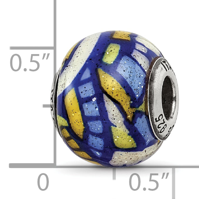 Sterling Silver Glass Bead with Multicolor Glitter Overlay Elegant Antiqued Finish