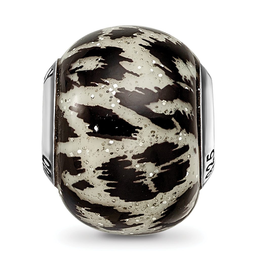 White & Black Glitter Glass Bead Charm in Sterling Silver