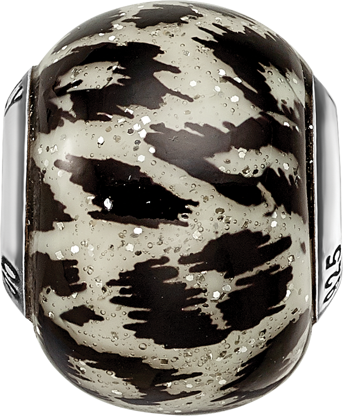 Sterling Silver Glass Bead with Black & White Glitter Overlay Elegant Design