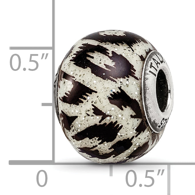 White & Black Glitter Glass Bead Charm in Sterling Silver