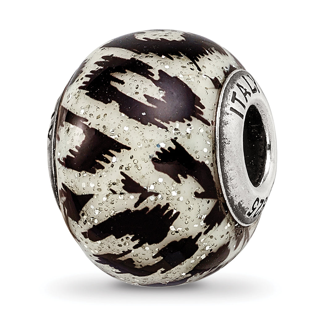 Sterling Silver Reflections White & Black w/Glitter Overlay Glass Bead