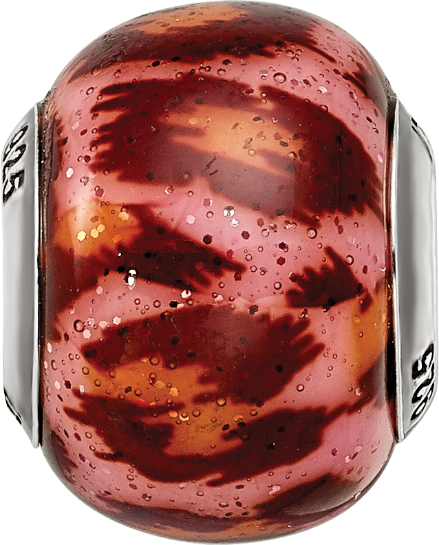 Sterling Silver 925 Glass Bead with Pink & Brown Glitter Overlay Elegant