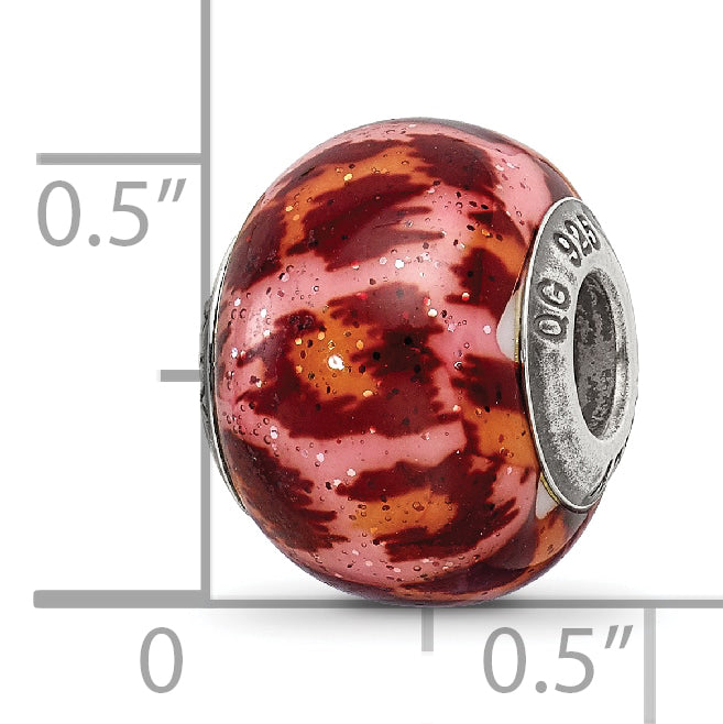 Sterling Silver 925 Glass Bead with Pink & Brown Glitter Overlay Elegant