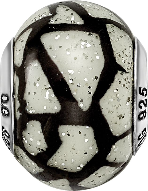 Sterling Silver 925 Glass Bead with White & Black Glitter Overlay