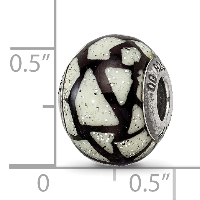 Sterling Silver 925 Glass Bead with White & Black Glitter Overlay