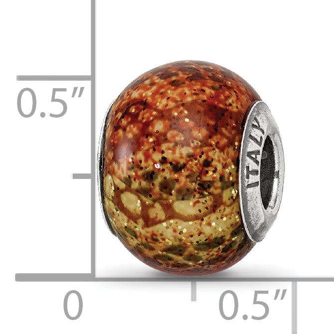 Sterling Silver 925 Antiqued Bead with Brown Python Glitter Glass Overlay