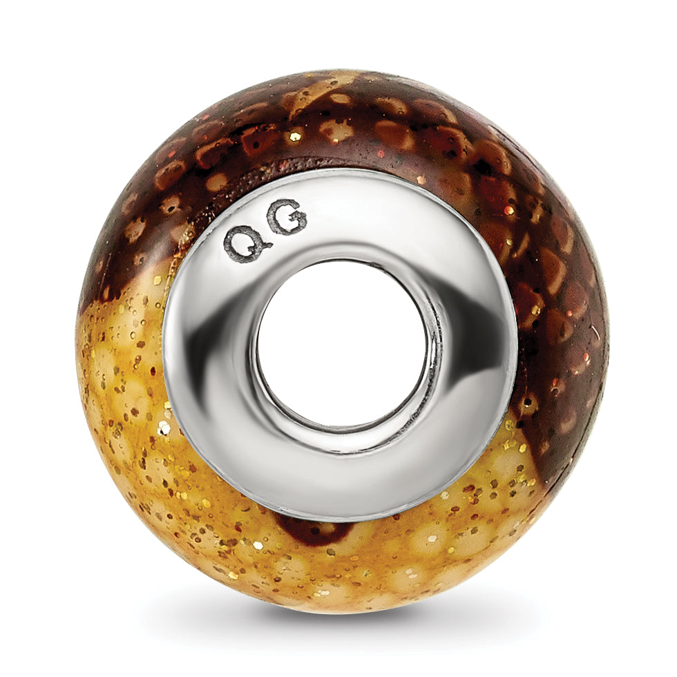 Brown & Yellow Glitter Glass Bead Charm in Sterling Silver