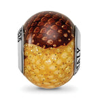 Brown & Yellow Glitter Glass Bead Charm in Sterling Silver