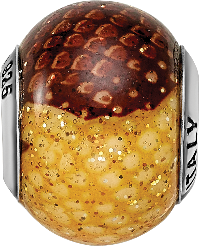Brown & Yellow Glitter Glass Bead Charm in Sterling Silver