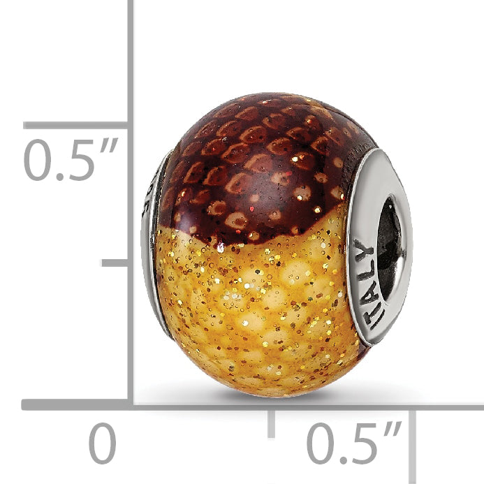 Brown & Yellow Glitter Glass Bead Charm in Sterling Silver