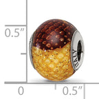 Brown & Yellow Glitter Glass Bead Charm in Sterling Silver
