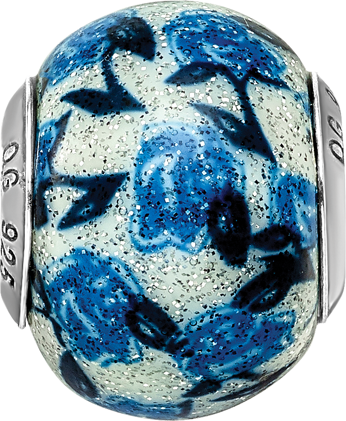 Sterling Silver 925 Blue Rose Glitter Glass Bead with Antique Finish