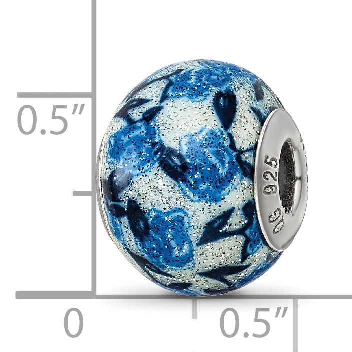 Sterling Silver 925 Blue Rose Glitter Glass Bead with Antique Finish